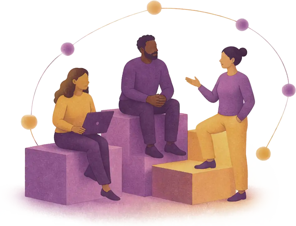 Three people in conversation on a set of steps, connected by a circle of dots.