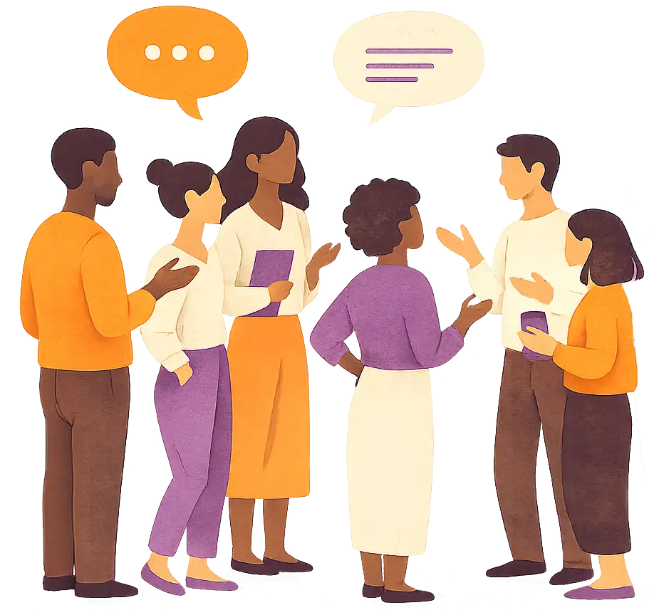 A group of six people talking together with speech bubbles above them.