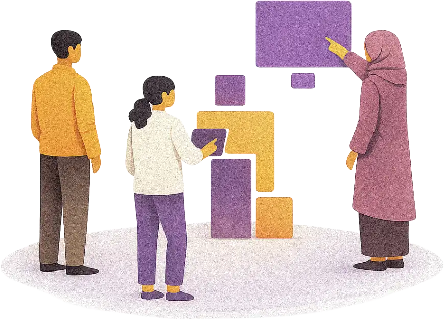 Three colleagues arranging blocks on a board to map out where they stand.