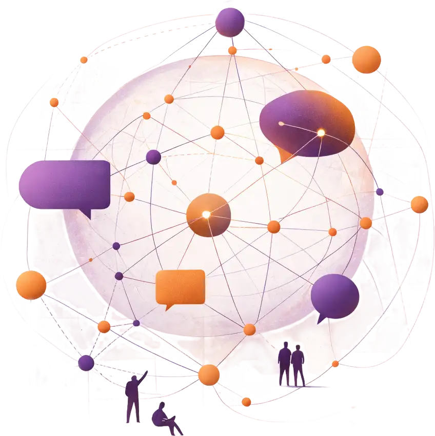 An illustrated network of connected people, data points and conversations.