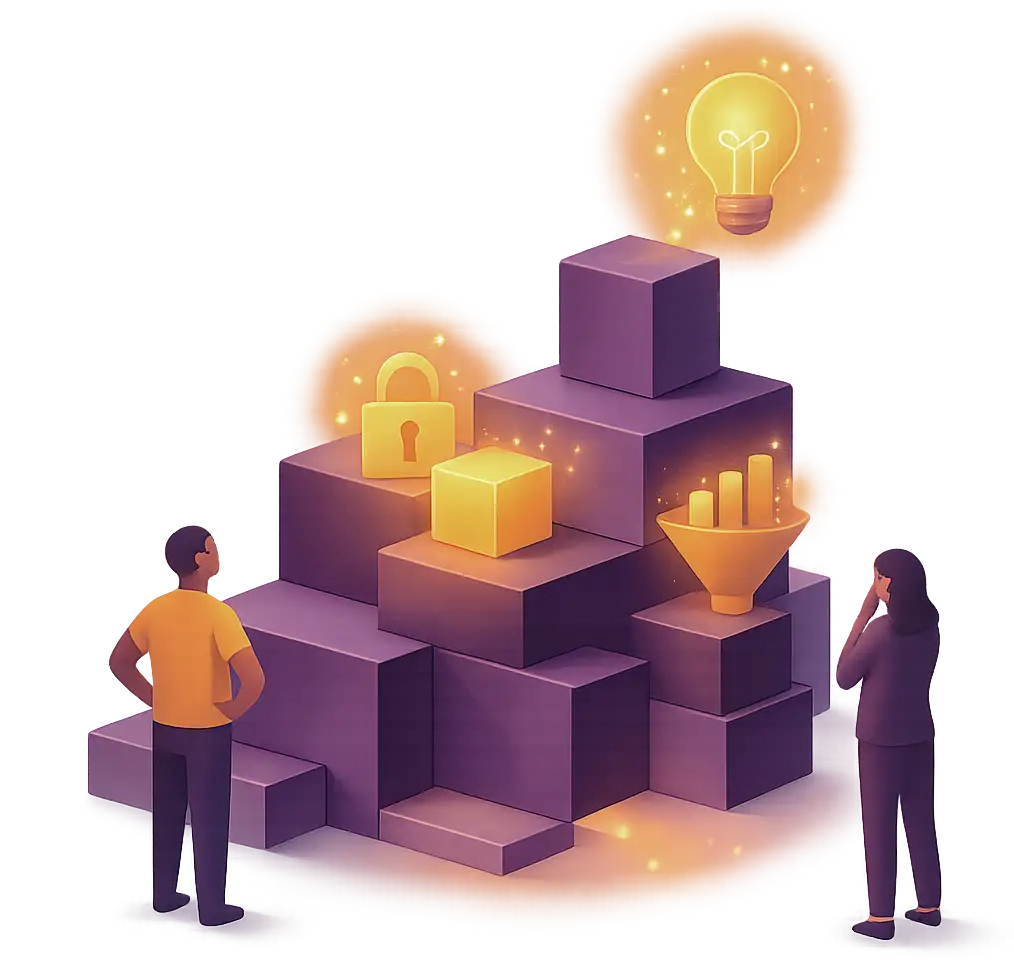 Two people considering a stack of building blocks lit by a lightbulb, a padlock and a chart.