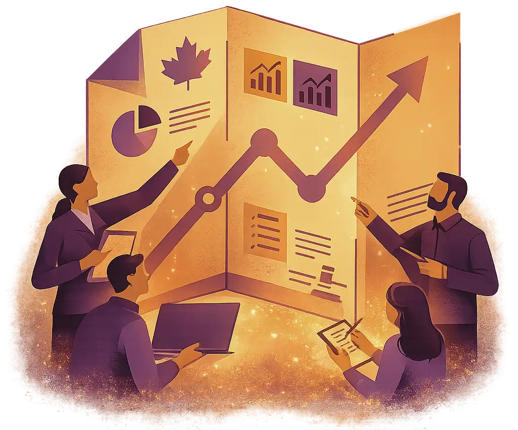 A team gathered around a large fold-out map showing charts and an upward path.
